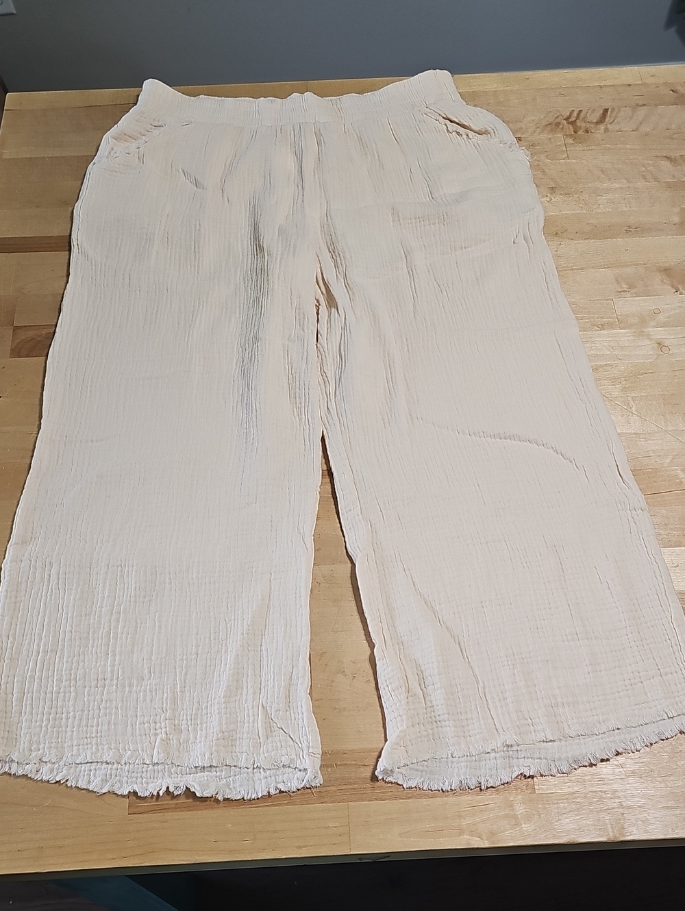 NWT Umgee Gauze Fringed Wide Leg Cropped Pants Cream Size Large